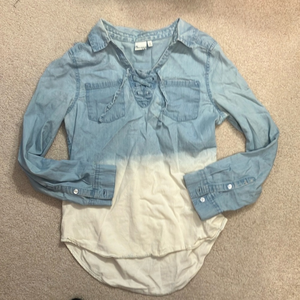 Blue and cream color long sleeve shirt with a collar